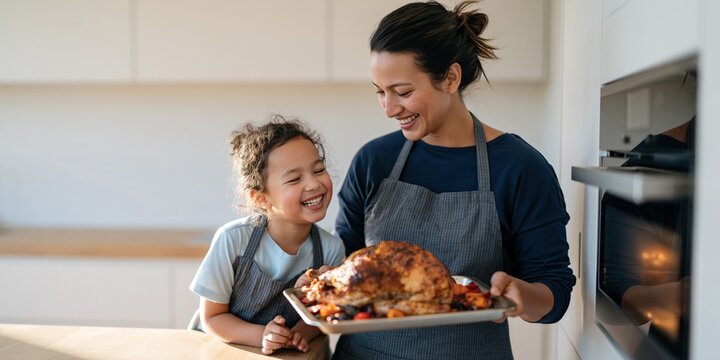 Mother and daughter holding a baked turkey on a tray for thanksgiving family background and heartwarming kitchen moment