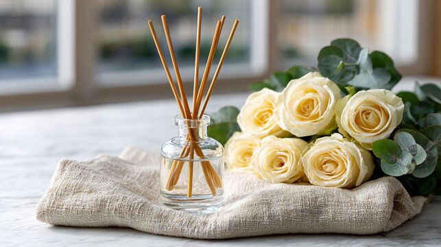 Reed diffuser and bouquet of white roses on a table