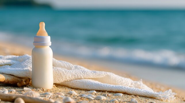 Baby bottle with milk on a sandy beach