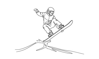 Fototapeta premium winter season one line art vector editable design new 2026 Skier performing a jump trick on snowboard with outstretched arms isolated on transparent background, Vector, illustration
