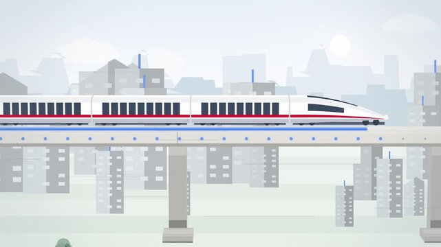 White maglev train on elevated guideway above pale city skyline