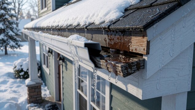 Exterior house covered snow roof thick layer there gutter right side made wood dripping creating pool water da