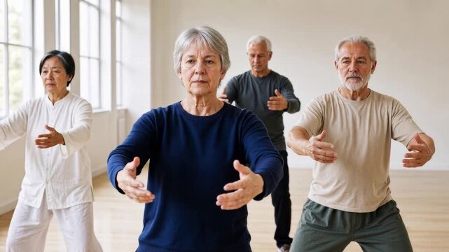 Group of senior adults practice flowing Tai Chi movements together in bright studio