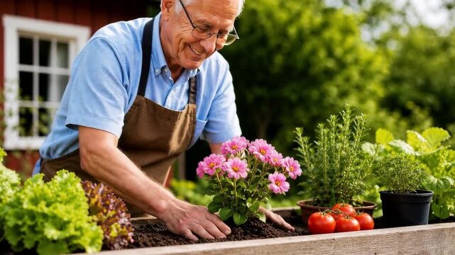 Senior man tends flowering plant and vegetables in sunny raised garden bed