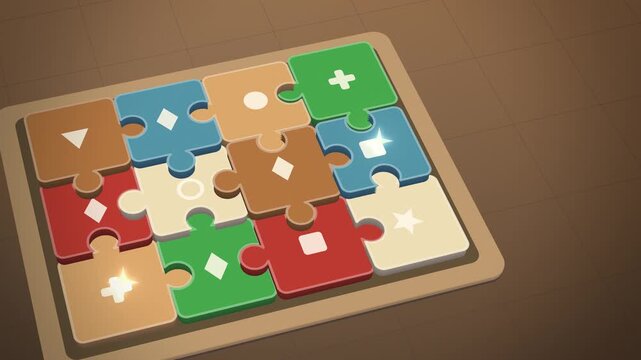 Finished jigsaw puzzle with colorful shape pieces on a wooden tray