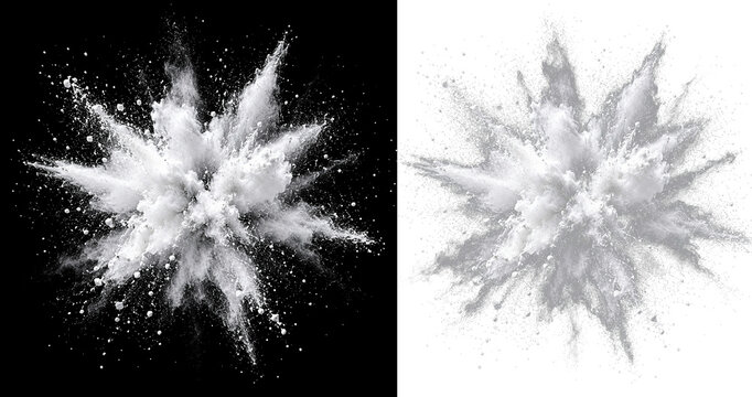 White powder explosion on black and white background, dynamic flour dust burst with fine particles, explosive chalk splash for creative design