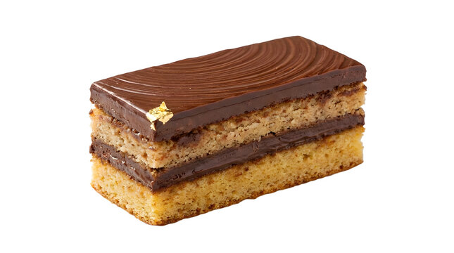 A single rectangular layered chocolate cake slice with dark ganache topping