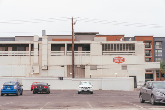 Las Vegas, Nevada - September 6, 2026: Parking area and side entrance for the now closed Western Hotel and Bingo Hall casino near downtown Las Vegas