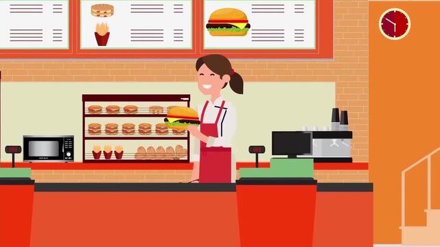 Fast food restaurant worker serving a fresh delicious cheeseburger to customers in a modern diner animation video clip