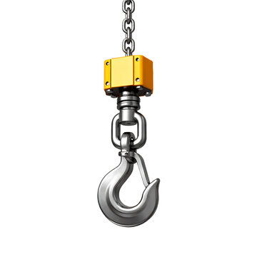 Industrial Steel Crane Lifting Hook with Chain Hoist Isolated on Transparent Background