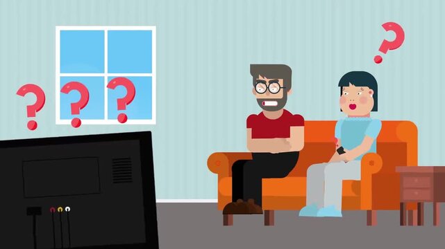 Frustrated man and woman sitting on orange sofa watching television with question marks animation footage