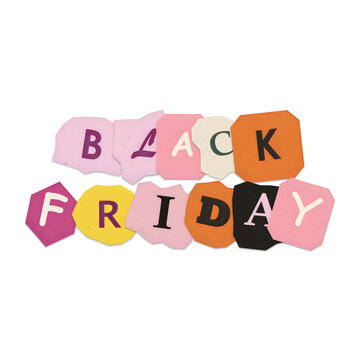 Colorful black friday hexagon letters and icons set