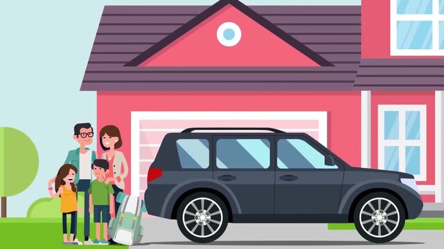 Happy family standing together outside their suburban house with luggage and car ready for travel video footage
