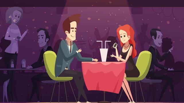 Young couple sitting together in romantic restaurant having dinner date vector animation footage