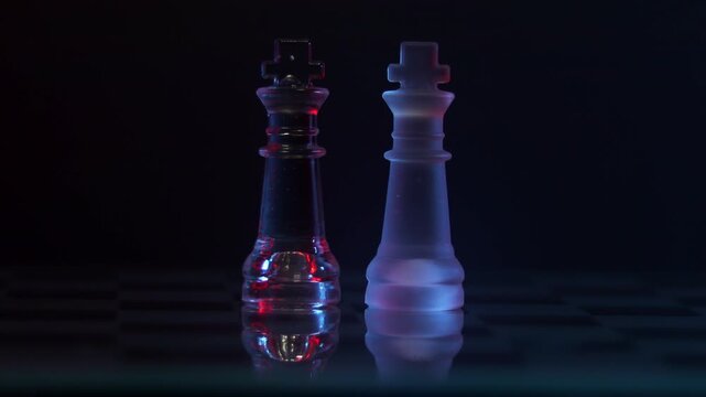 Hands of players positioning a glass king and queen together, symbolizing partnership, alliance, and strategy