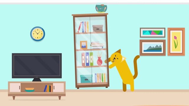 Mischievous yellow cat pushing a wooden bookcase in living room interior flat animation video footage