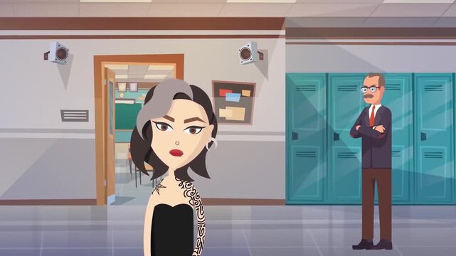 Animated school hallway scene featuring a tattooed student and a strict teacher standing near blue lockers motion video