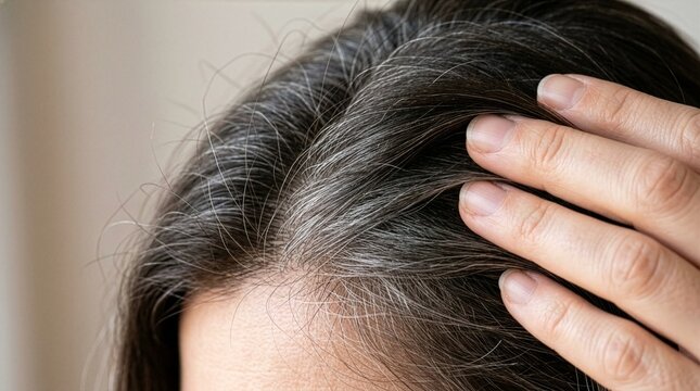 Close up of a woman hand touching and checking grey hair roots on the scalp, showing silver strands aging process, concept for hair care, mature beauty, dye treatment, and dermatology.