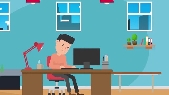 Office worker typing on computer at desk in animated flat vector style motion graphics video clip