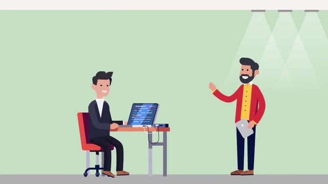 Corporate office animation featuring two professional male colleagues collaborating on software development projects using computers in video footage