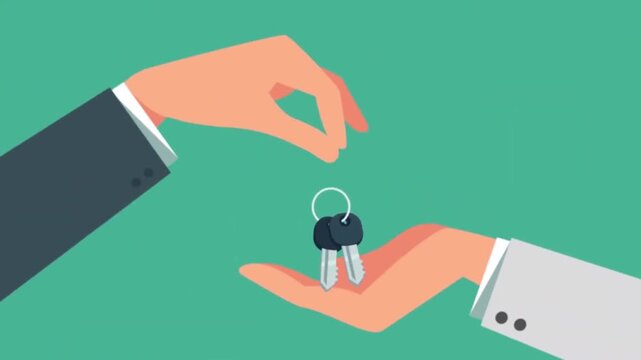 Business person handing over new keys in flat vector animation motion clip for real estate