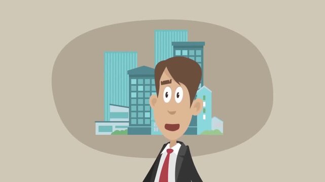 Animated businessman talking in front of city skyline vector footage illustrating corporate communication and urban lifestyle concept