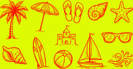 Fototapeta premium Summer vacation beach themed hand-drawn red doodle icons set on bright yellow background for travel holiday designs and promotions.