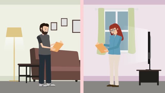 Animated man writing on a clipboard and woman reading inside living room graphic footage clip