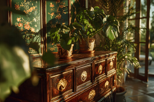 Chest of drawers, houseplant and green folding screen in interior of light living room