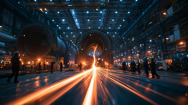Industrial Steel Mill Factory with Molten Metal and Workers