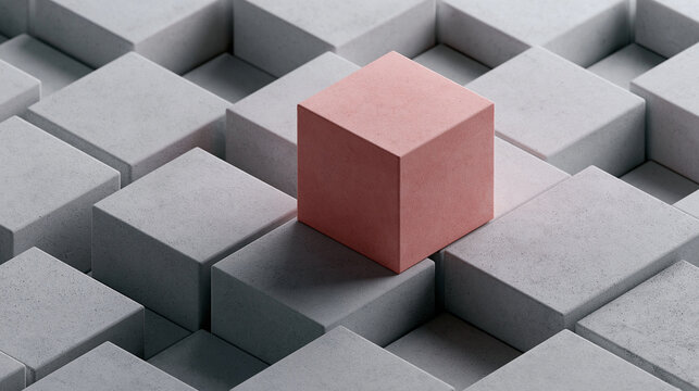 Pink Cube Standing Out from Gray Blocks Concept