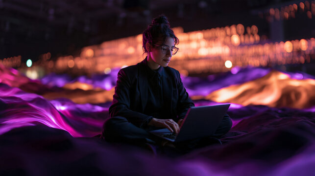 Female Developer Working on Laptop in Futuristic Digital Environment