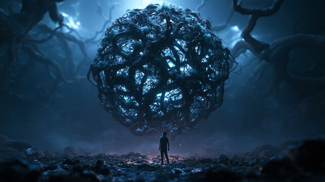 Silhouette Standing Before Glowing Organic Sphere in Fantasy World