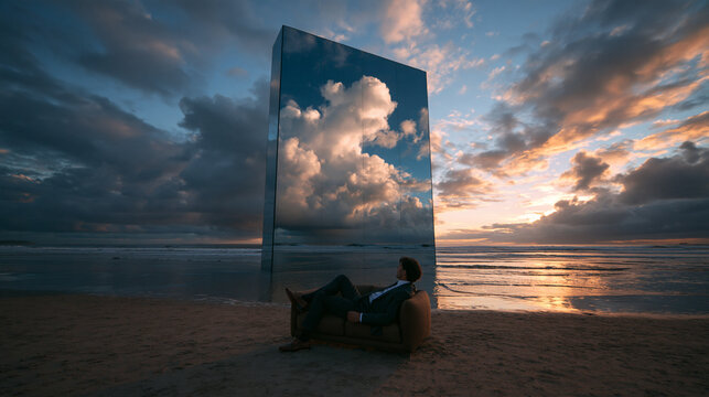Businessman on Armchair Facing Giant Mirror Monolith at Beach Sunset