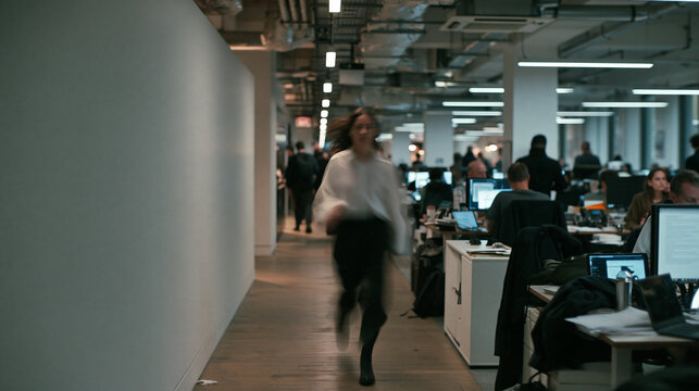 Businesswoman Rushing Down Corridor in Busy Modern Office