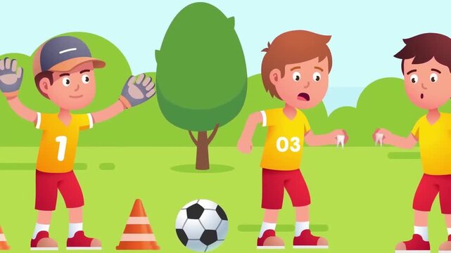 Soccer player losing a tooth during match play in animated vector cartoon video footage sequence graphic