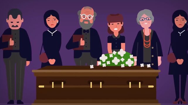 Mourning family members standing sadly around wooden coffin during funeral ceremony vector animation footage clip