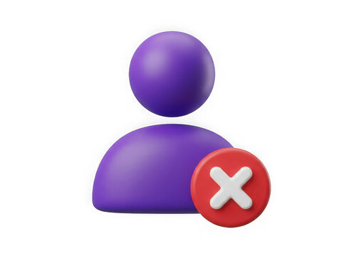 Purple 3D user profile icon with a red delete cross sign isolated on transparent background