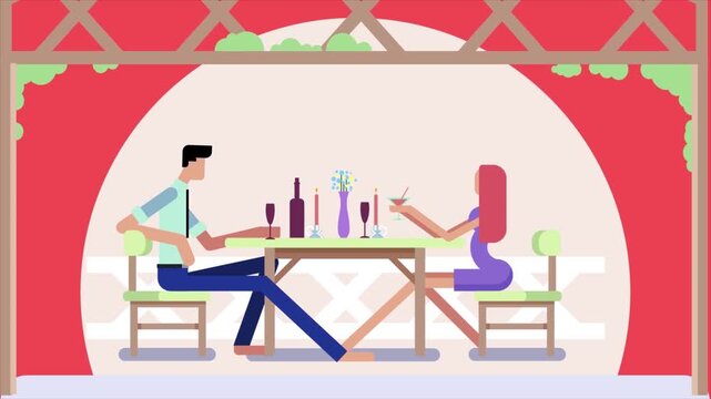 Romantic flat vector animation of couple having dinner date together in a restaurant video clip