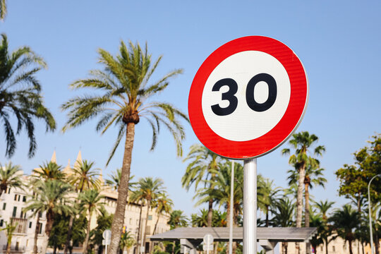 Thirty speed limit traffic sign. Red white circular road sign. Palm trees under blue sky. Urban transport background. Tropical city street scenery. Road safety regulation. Maximum 30 zone.