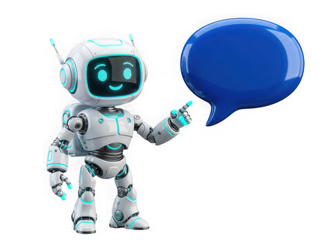 Cute white robot with blue glowing lights pointing at a blank speech bubble isolated on transparent background