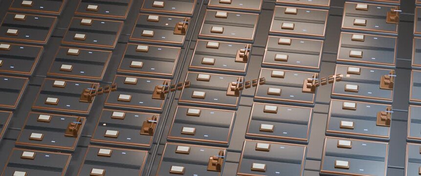 Amber packet groups cascade through bronze gates across copper trimmed data terraces