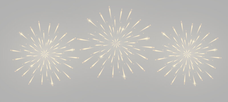Golden fireworks bursts on neutral background. Sparkling festive celebration light effect for holiday, new year, and party designs