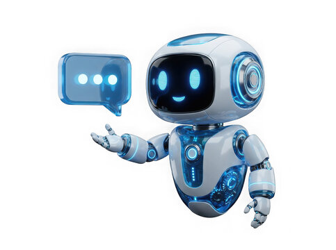 Cute small white and blue robot character showing a digital chat bubble isolated on transparent background