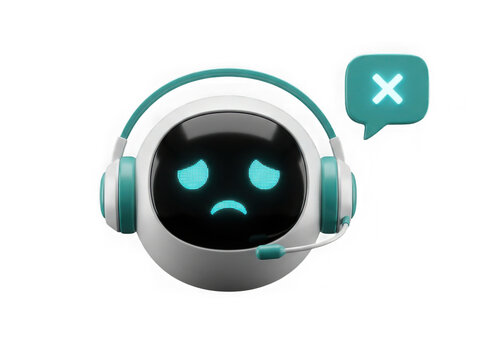 Sad robot customer support agent with headphones and error message icon isolated on transparent background