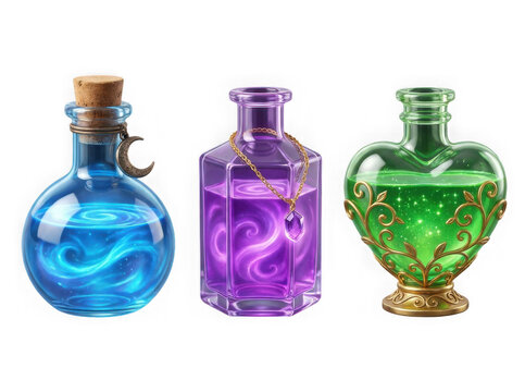 Three colorful magic potion bottles with liquid isolated on a transparent background 