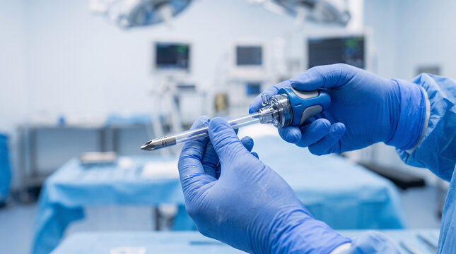 close-up of a surgeon's blue nitrile gloved hands carefully holding a sterile laparoscopic trocar with transparent cannula and precision surgical tip, modern operating room background