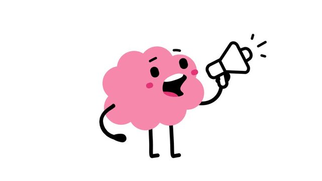 Seamless loop animation of flat doodle pink brain character speaking into megaphone. Smart mind shouting through loudspeaker, marketing announcement and call to action concept on white