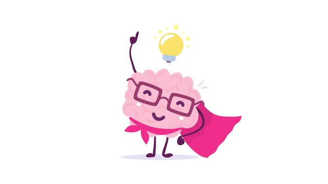 Seamless loop animation of flat pink brain super hero character with light bulb. Smart mind in glasses and in waving cape pointing up, eureka and creative big idea concept on white
