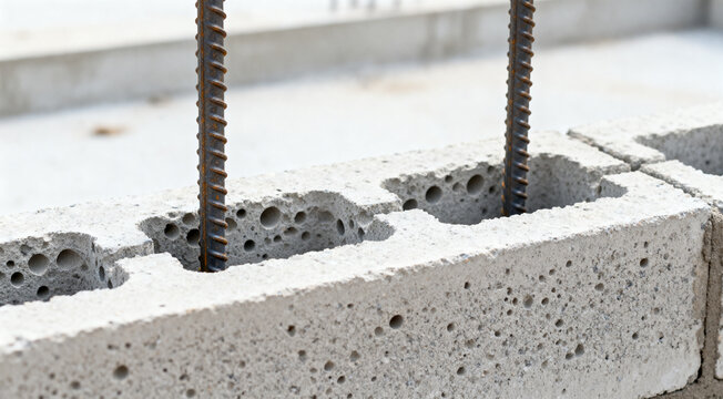 Close-up view of hollow concrete blocks with rusted rebar set into cavities, showing texture, reinforcement and industrial details of a construction site foundation and masonry work.